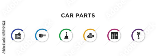 car parts filled icons with infographic template. glyph icons such as car radiator, car headlight, transmission, carburettor, gearbox, connecting rod vector.