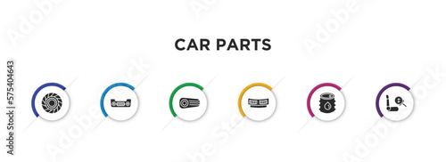 car parts filled icons with infographic template. glyph icons such as car clutch, car bumper, reversing light, cowl, petrol tank, air bag vector.