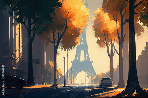 Painting of anime style. Champs Elysees Eiffe. photo