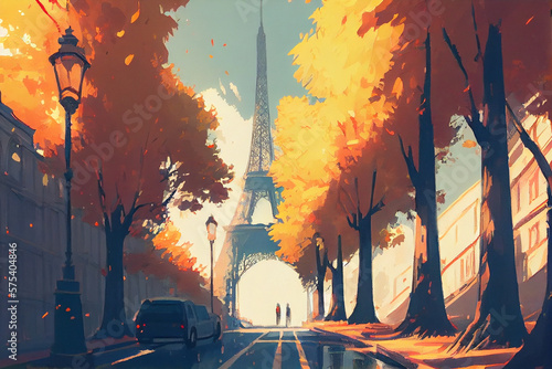 Painting of anime style. Champs Elysees Eiffe. photo