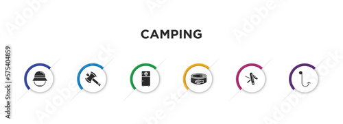 camping filled icons with infographic template. glyph icons such as explorer hat, axes, freezer, canned food, swiss army knife, hook vector.