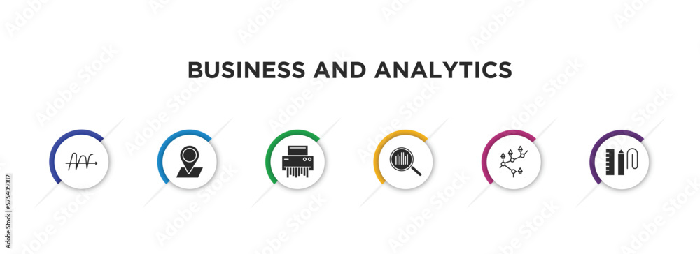 business and analytics filled icons with infographic template. glyph icons such as wave chart, 3d location graph, paper shredder, search analytics, mortgage statistics, supplies vector. business and analytics filled icons with infographic template. glyph icons such as wave chart, 3d location graph, paper shredder, search analytics, mortgage statistics, supplies vector.