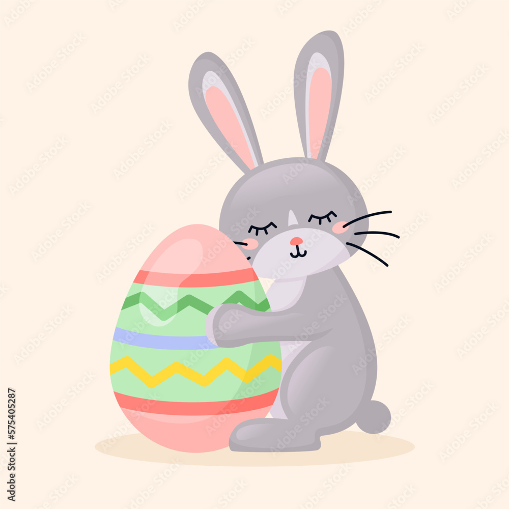 Fototapeta premium Easter cute bunny hugging an Easter egg. Flat style illustration.