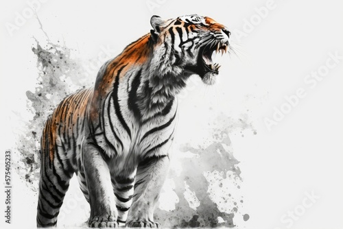 a single roaring tiger on a white background. Generative AI © 2rogan