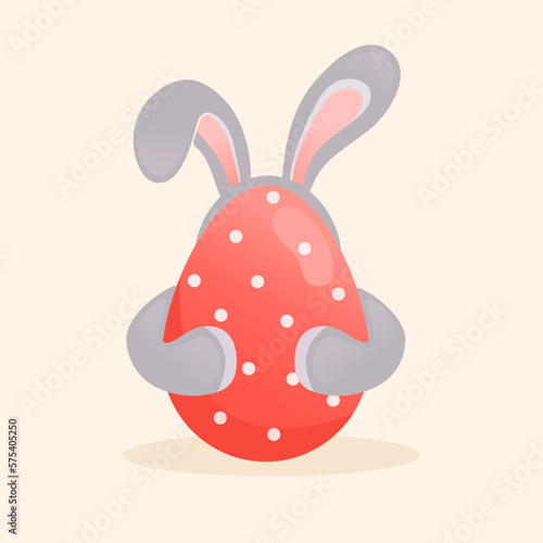 Easter cute bunny hugging an Easter egg. Bunny ears stick out. Flat style illustration.