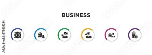 business filled icons with infographic template. glyph icons such as item interconnections, two shopping bags, man with solutions, professional advance, mortgage and man, pounds coins stack vector.