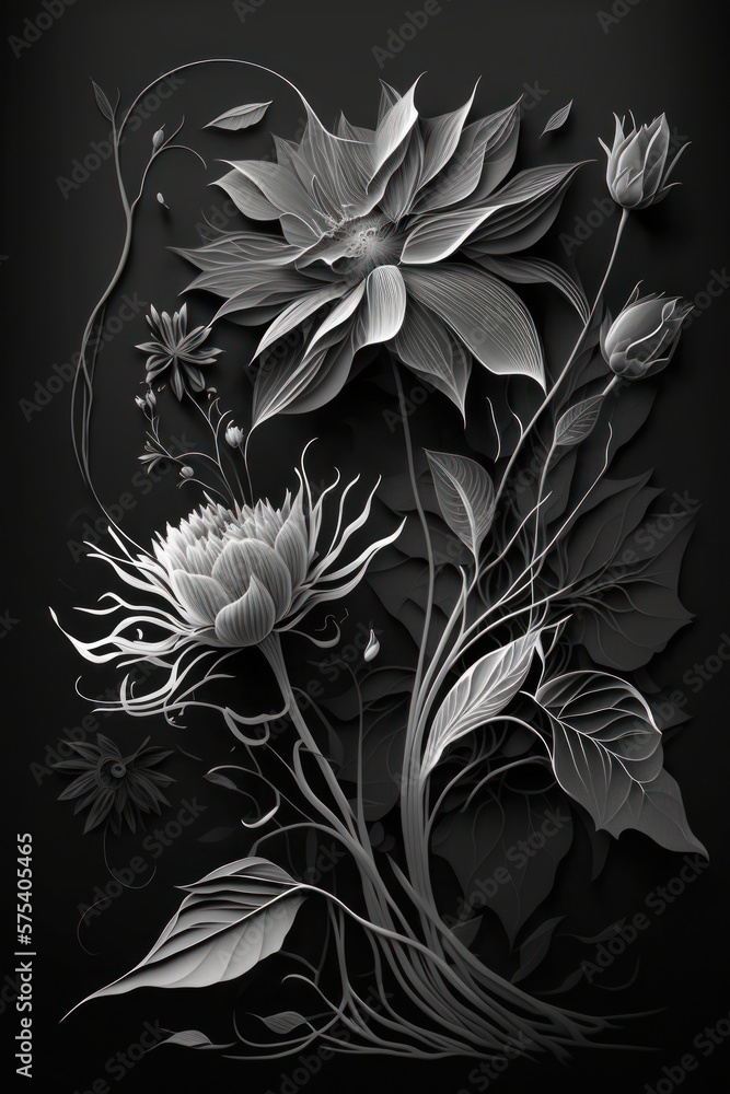 Black and White Flowers Art Generative AI Illustration Black and White Flowers Art Generative AI Illustration