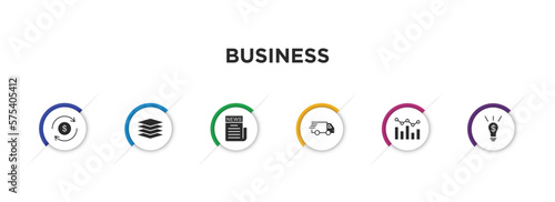 business filled icons with infographic template. glyph icons such as money convert, stack, newspaper page, logistic, graphs, ideas to earn money vector.