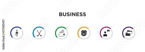 business filled icons with infographic template. glyph icons such as employee going to work, golf sticks, purpose of saving money, empty box, man talking, two folders vector.
