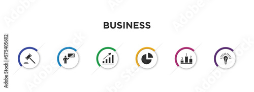 business filled icons with infographic template. glyph icons such as punishment, graphic panel and man, statistical chart, pie graphic, ranking factor, round light bulb vector.