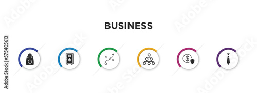 business filled icons with infographic template. glyph icons such as supermarket bag, big safe, tactic, hierarchical order, safe money, black tie vector.