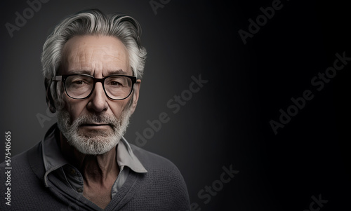 Portrait of a senior man wth an attentive expression on a dark background. Generative AI