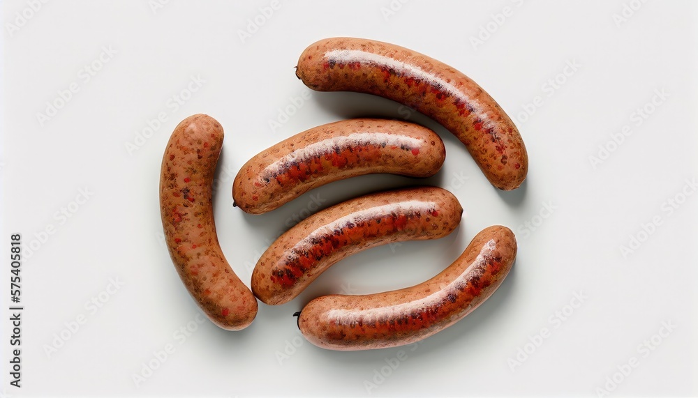 grilled sausages, close-up, isolated on white background. Generative AI. grilled sausages, close-up, isolated on white background. Generative AI.