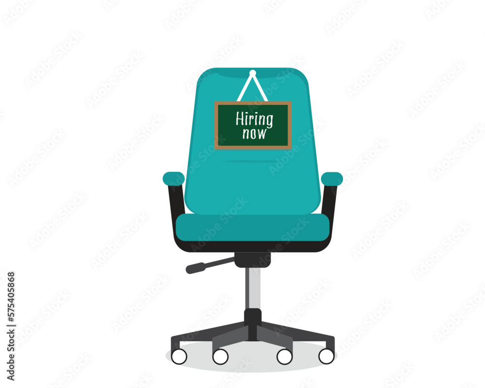 A vector of office chair with board written hiring now on white background A vector of office chair with board written hiring now on white background