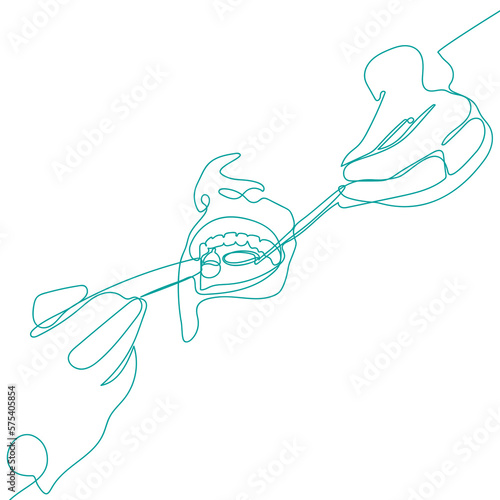 Continuous vector illustration of dentist, examining patient teeth condition. Medical health care service worker, teeth treatment care concept continuous line draw desig illustration.