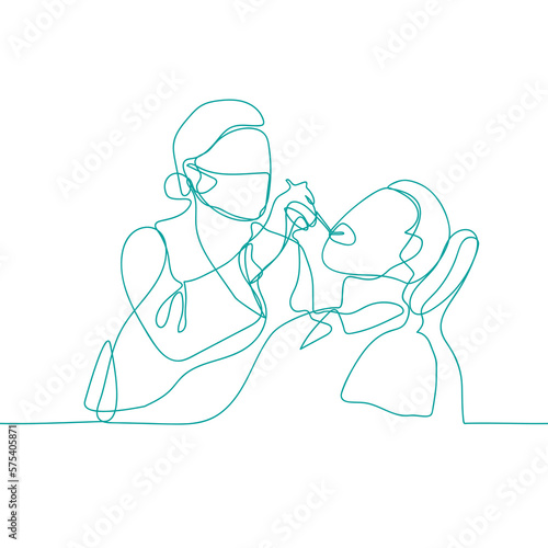 Continuous vector illustration of dentist, examining patient teeth condition. Medical health care service worker, teeth treatment care concept continuous line draw desig illustration.