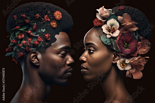 Profile of a couple with their faces together and surrounded by flowers on a black background. Relationship and love concept. Generative AI photo