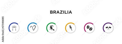 brazilia filled icons with infographic template. glyph icons such as headdress, canes, toucan, parrot, coffee beans, flags vector.