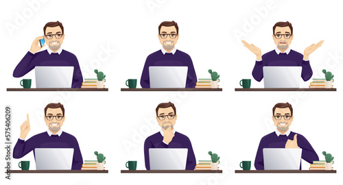 Handsome mature business man using laptop computer sitting at a desk isolated vector illustration