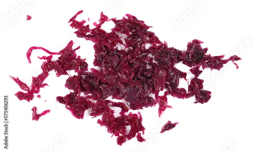 Pickled red cabbage, chopped up, sliced and diced isolated on white, top view