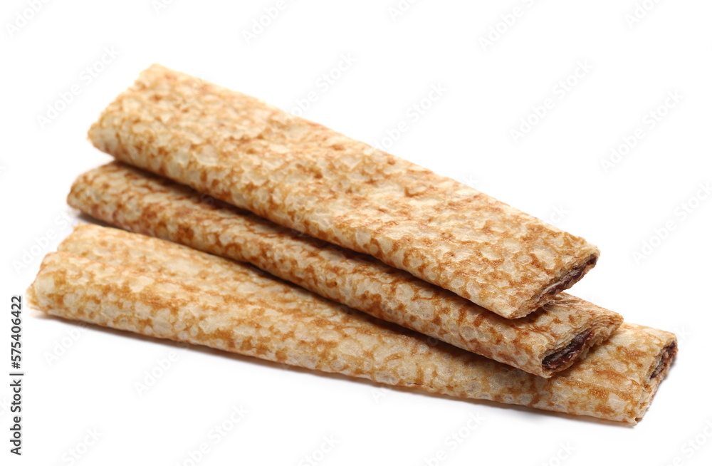 Crepes with chocolate flavour filling isolated on white, side view Crepes with chocolate flavour filling isolated on white, side view