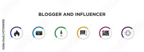 blogger and influencer filled icons with infographic template. glyph icons such as fire, video, fashion, comment, vinyl, fame vector.