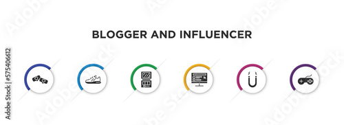 blogger and influencer filled icons with infographic template. glyph icons such as likes, sport shoe, makeup palette, blog, magnet, gameplay vector.