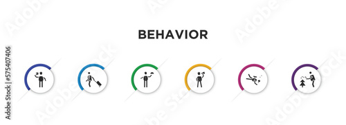 behavior filled icons with infographic template. glyph icons such as brushing teeth, man travelling, waiter with food tray, man shouting, man diving, prune hedge vector.