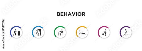 behavior filled icons with infographic template. glyph icons such as man pushing, man climbing, blindman with cane, man sleeping, going to work, ironing vector.