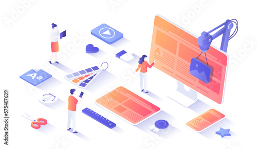 Web Design. Website landing page for monitor, laptop, tablet, phone. Creating UI UX website design. Web page for website and mobile site. Isometry illustration with people scene for web graphic.