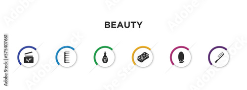 beauty filled icons with infographic template. glyph icons such as feet cream, hairbrush, nail polish removal, sponge, exfoliating mitt, hair comb vector.