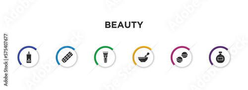 beauty filled icons with infographic template. glyph icons such as hair foam, curler with pin, hair razor, mortar bowl, bath salts bomb, round perfume bottle vector.