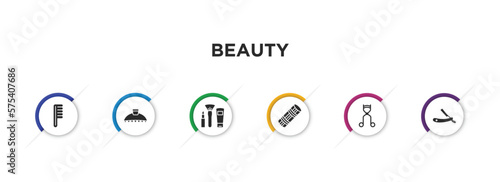 beauty filled icons with infographic template. glyph icons such as one comb, hair clamp, makeup, foam curler, eyelashes curler, vintage razor vector.