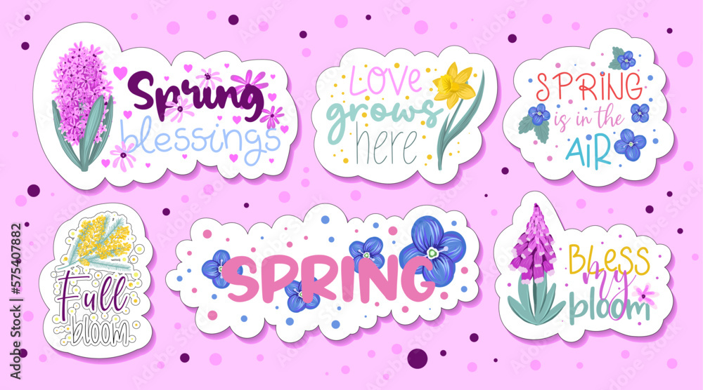 A collection of stickers with cute inscriptions and receipts. spring flowers hyacinth, narcissus and mimosa. Cute spring stickers for planner A collection of stickers with cute inscriptions and receipts. spring flowers hyacinth, narcissus and mimosa. Cute spring stickers for planner