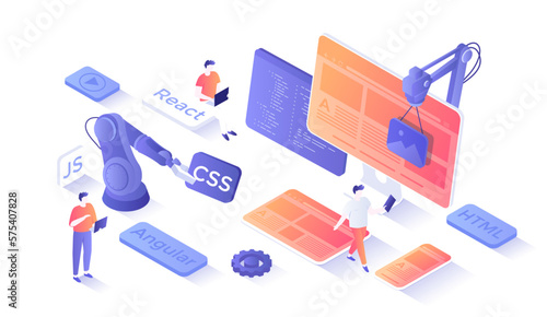 Frontend Development, Creating a site layout, template. Converting data into a graphical UI UX interface. Web development, design, graphic. Isometry illustration with people scene for web graphic.