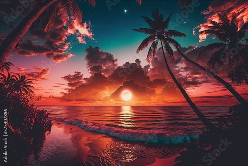 Inspirational travel and vacation sunset over the ocean  palm trees  and a bright sky. Generative AI