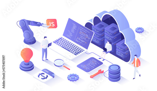 Back-end Development, Coding, Software Engineering, Programming languages. Server racks in the big cloud, database, program code on laptop screen. Isometry illustration with people scene for web