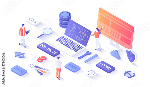 Full Stack Developer. Programmer who can work with software and hardware part of the service Back-end and user interface Front-end. Isometry illustration with people scene for web graphic.