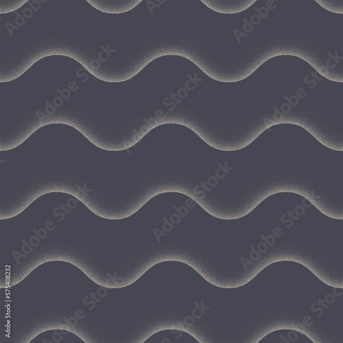 Smooth Wavy Lines Seamless Pattern Vector Dot Work Abstract Background. Curved Bent Soft Stripes Repetitive Subtle Texture. Rippled Structure Endless Graphic Grey Wallpaper. Half Tone Abstraction