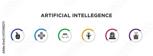 artificial intellegence filled icons with infographic template. glyph icons such as synthetic food, nano sensor, field of view, exoskeleton, artificial atmosphere, smart home vector.