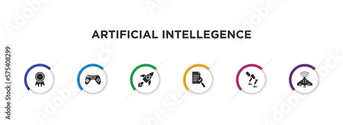 artificial intellegence filled icons with infographic template. glyph icons such as recognition, gaming, rocket, evaluation, prosthesis, unmanned aerial vehicle vector.