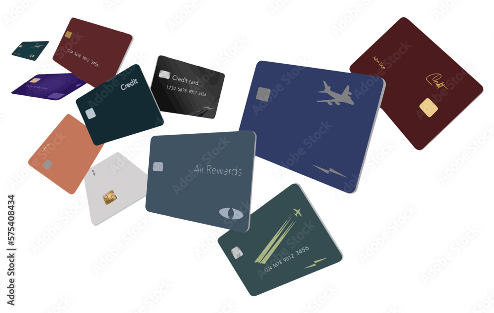 Eleven generic air miles rewards credit cards are seen flying on the page as a vector image. Eleven generic air miles rewards credit cards are seen flying on the page as a vector image.