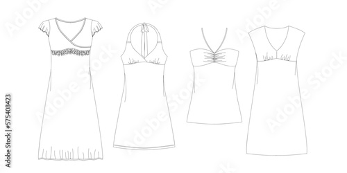 Woman dresses, shirts and tunics technical drawing, template, sketch, flat, mock up. Jersey or woven fabric dress front view, white color