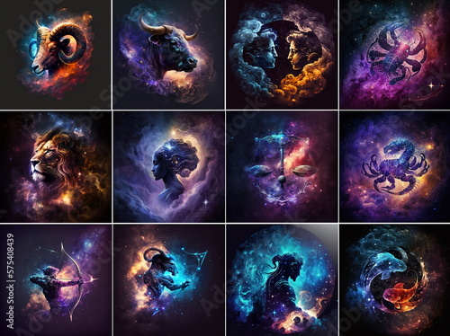 Set of zodiac signs against space nebula background. Astrology calendar. Esoteric horoscope and fortune telling concept. Created with Generative AI