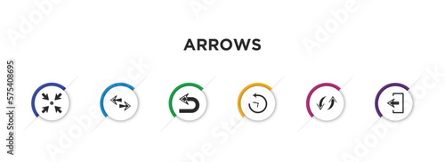 arrows filled icons with infographic template. glyph icons such as minimize, left right, return, reload time, spin, exit top right vector.