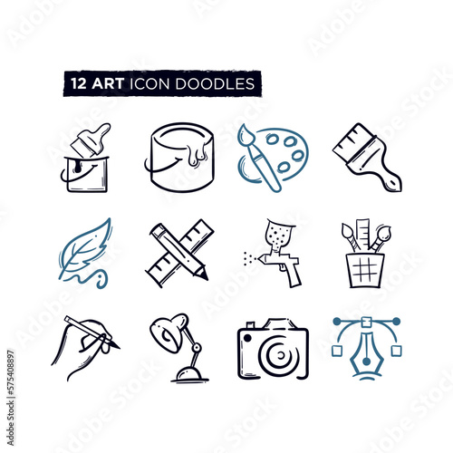 Brushes and Painting Doodles Line Icons. World Art Day Hand Drawn. Color Spray, Color palette, Paint Bucket, Weather, Camera, Lamp.