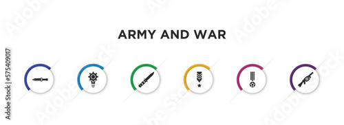 army and war filled icons with infographic template. glyph icons such as military knife, strategy, combat knife, militar in, condecoration, grenade launcher vector.