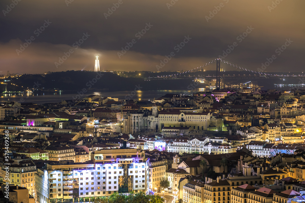 Panoramic view at the nightlights in city of Lisbon. Portugal