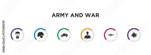 army and war filled icons with infographic template. glyph icons such as parachute, military helmet, army car, civilian, air force, bomb detonation vector.