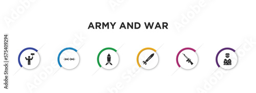 army and war filled icons with infographic template. glyph icons such as revolt, barbed, depth charge, torpedo, automatic gun, conscription vector.